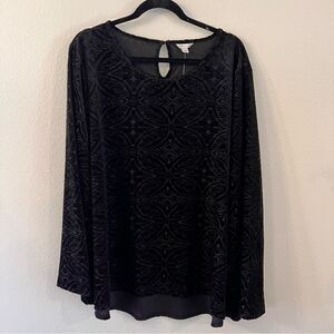 NWT CATO Blouse Size 18/20W Black Velvet Top Bell Sleeve Burn Out Plus Size